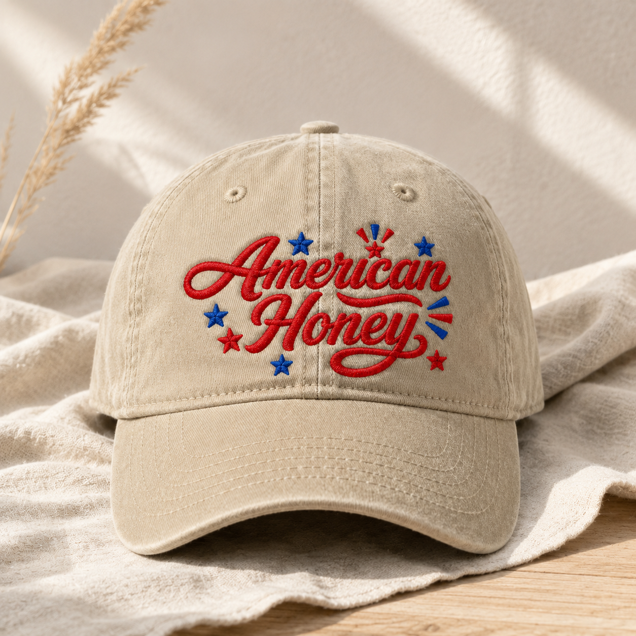 American Honey Washed Cap, Patriotic Embroidered Hat for 4th of July - washed cap - lifestyle view 3