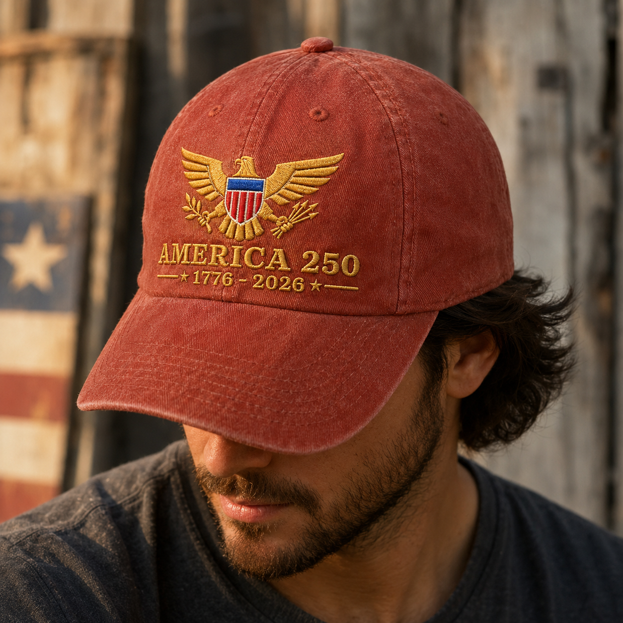 America 250 1776-2026 Washed Cap, Patriotic Eagle Embroidered Hat for USA Semiquincentennial - washed cap - detail view