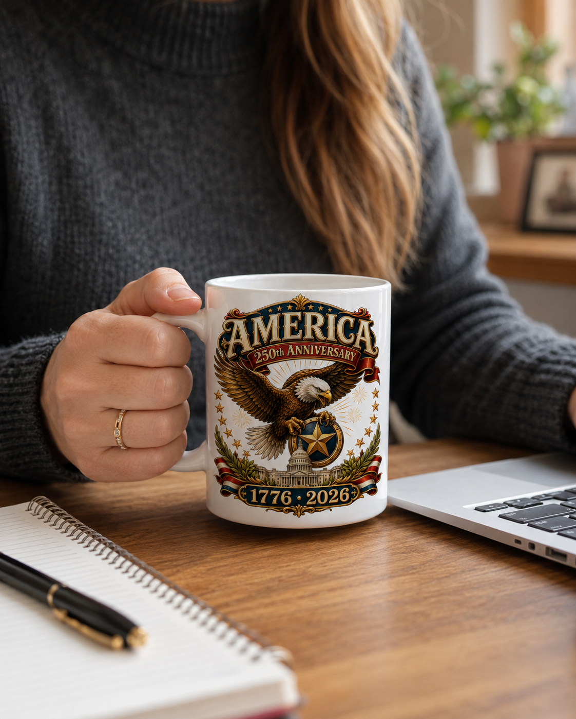 America 250th Anniversary Coffee Mug, Patriotic Eagle 1776 2026 Ceramic Cup - Mug - lifestyle view 7
