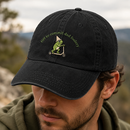 Off to Commit Dad Foolery Washed Cap, Funny Frog Scooter Hat for Fathers Day - Washed Cap - lifestyle view 3