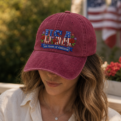 USA 250 Years of Freedom Washed Cap, Patriotic Embroidered Hat - washed cap - lifestyle view 6