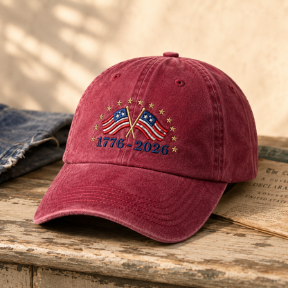 1776-2026 American Flag Washed Cap, 250th Anniversary Patriotic Hat - washed cap - lifestyle view 5