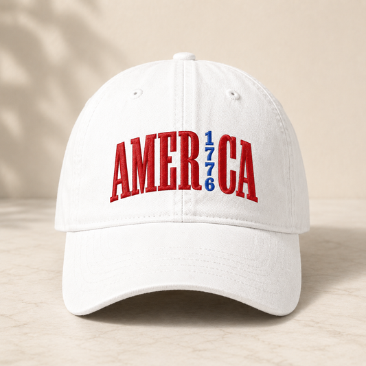 America 1776 Washed Cap, Patriotic Embroidered Hat for USA Fans - washed cap - front view