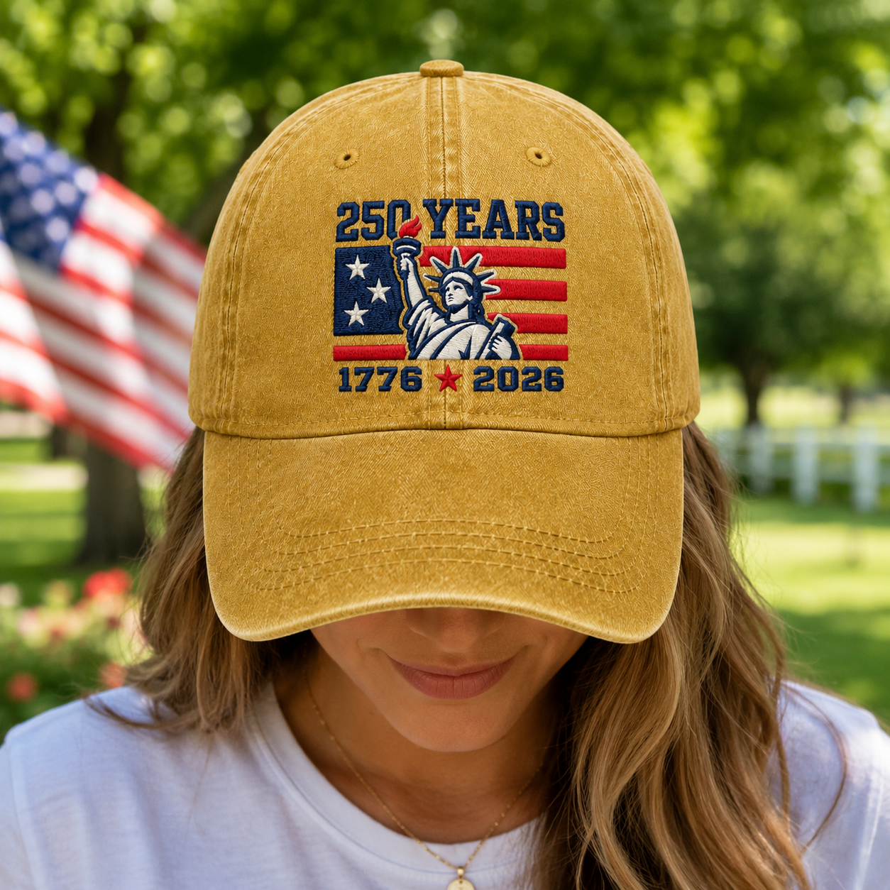 250 Years Washed Cap, 1776 2026 Statue of Liberty Patriotic Hat - washed cap - lifestyle view 8