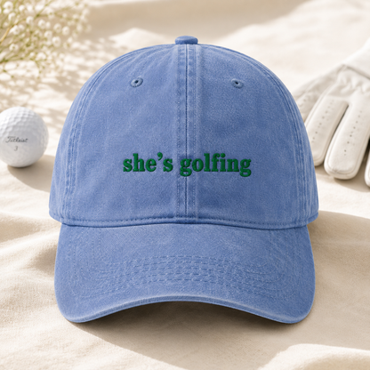 She's Golfing Washed Cap, Funny Golf Hat for Women Golfers - Washed Cap - lifestyle view 2