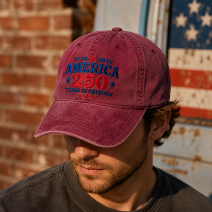 America 250 Years of Freedom Washed Cap, 1776 2026 Patriotic Hat - washed cap - detail view