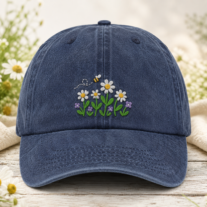 Daisy Bee Embroidered Washed Cap, Botanical Baseball Hat for Garden Lovers - Washed Cap - front view