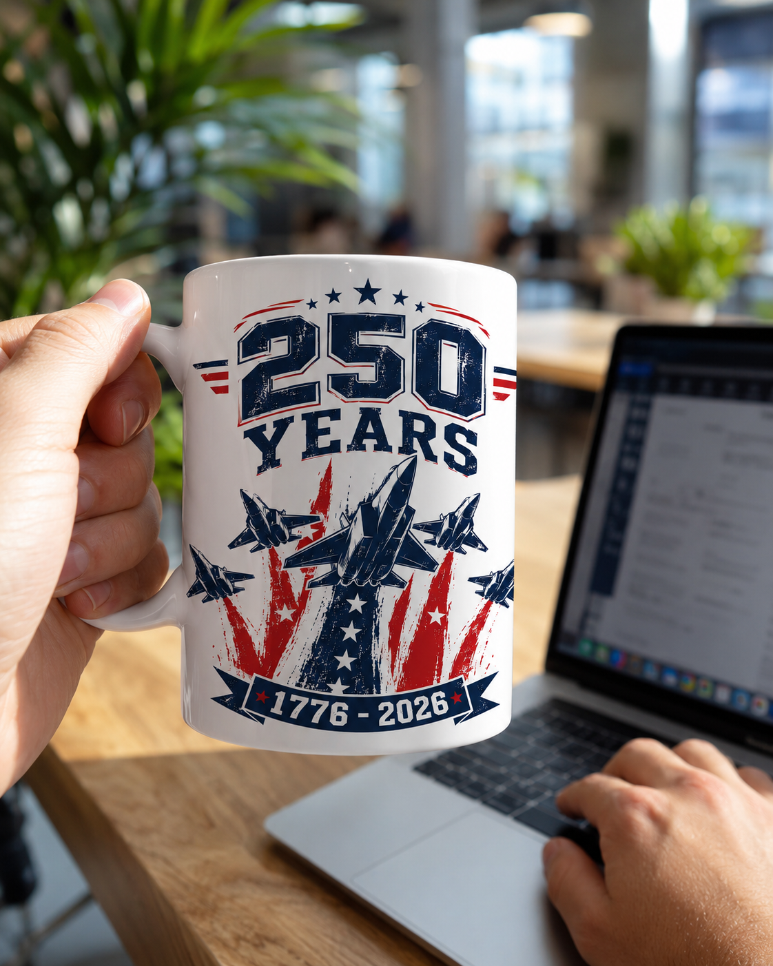 250 Years Coffee Mug, 1776-2026 Patriotic Fighter Jet Ceramic Cup - Mug - lifestyle view 8
