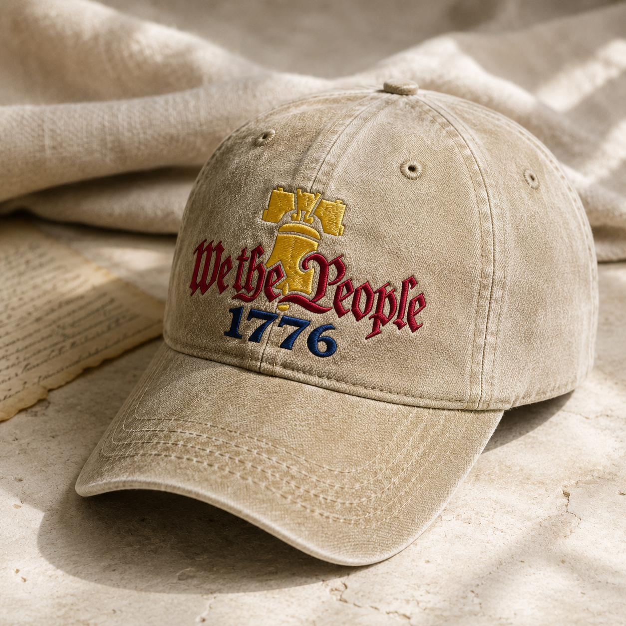 We the People 1776 Washed Cap, Patriotic Liberty Bell Hat for Constitution History Fans - washed cap - lifestyle view 2