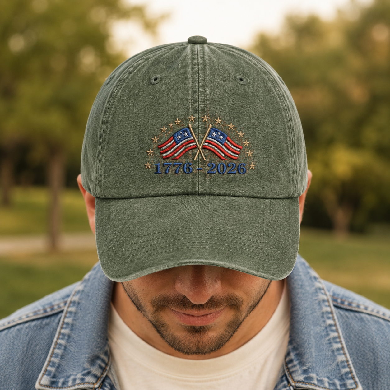 1776-2026 American Flag Washed Cap, 250th Anniversary Patriotic Hat - washed cap - lifestyle view 6