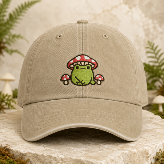 Mushroom Frog Washed Cap, Cute Cottagecore Embroidered Hat for Nature Lovers - Washed Cap - detail view