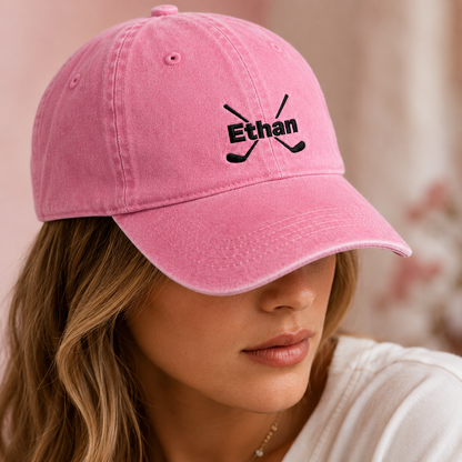 Ethan Crossed Hockey Washed Cap, Embroidered Name Dad Hat for Ice Rink Fans - Washed Cap - lifestyle view 4