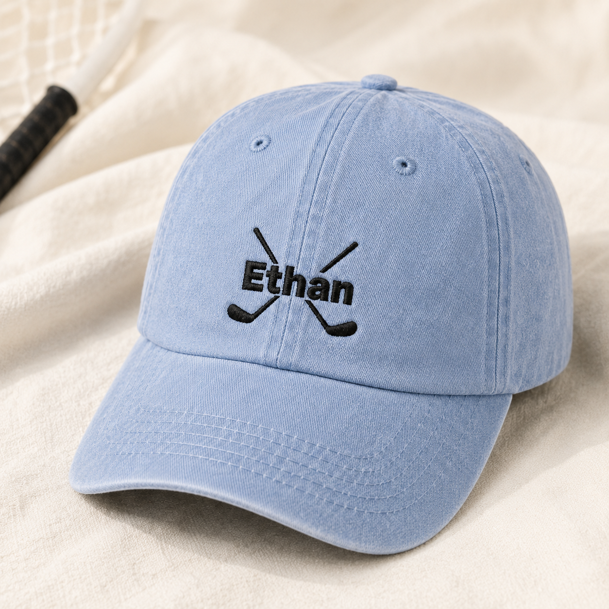 Ethan Crossed Hockey Washed Cap, Embroidered Name Dad Hat for Ice Rink Fans - Washed Cap - lifestyle view 2