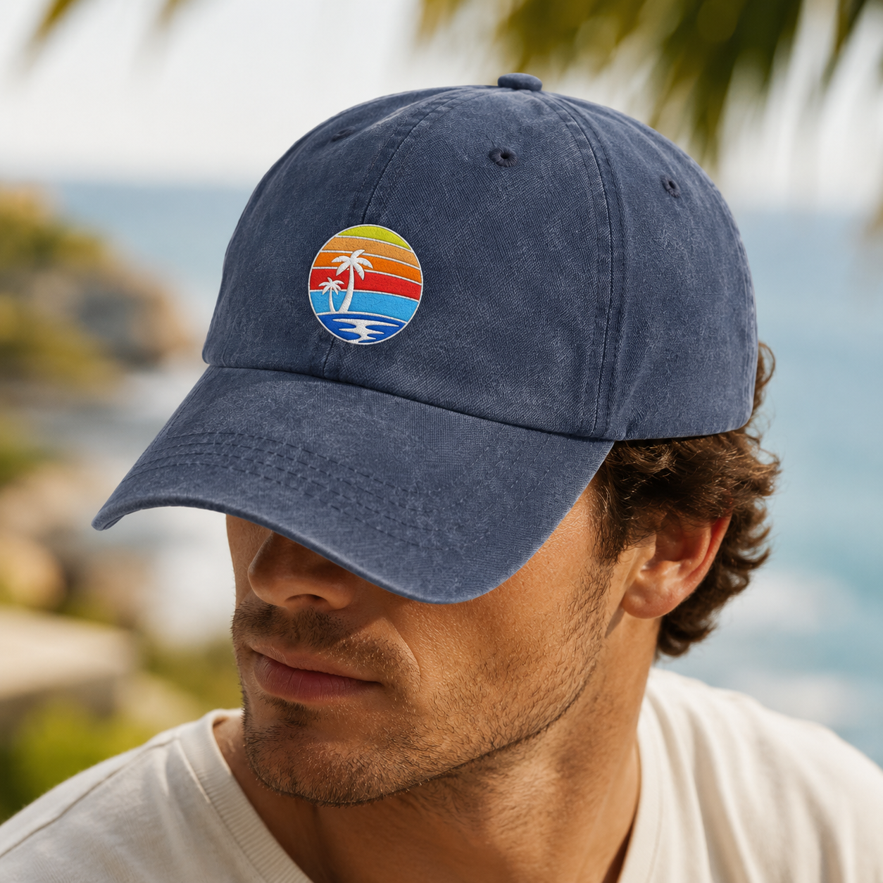 Tropical Sunset Palm Tree Washed Cap, Beach Vacation Hat for Coastal Summer Style - Washed Cap - lifestyle view 4