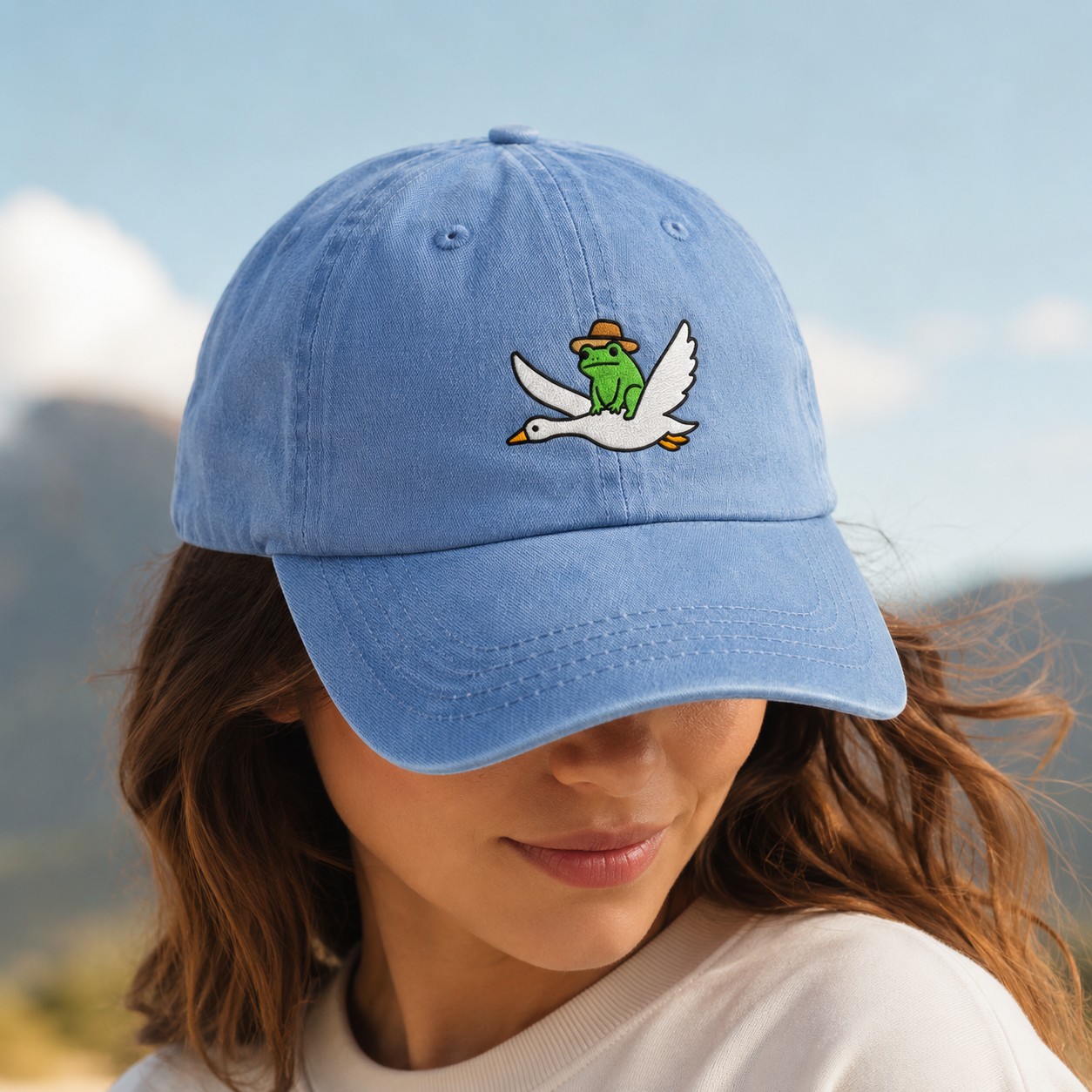 Frog Riding Goose Washed Cap, Embroidered Dad Hat for Bird and Toad Fans - Washed Cap - lifestyle view 4