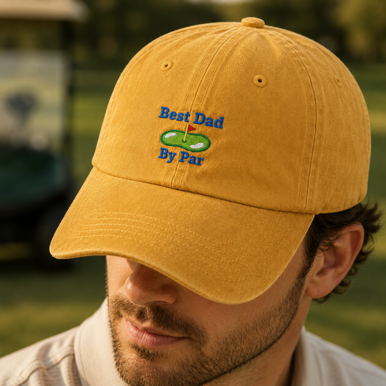 Best Dad By Par Washed Cap, Golf Green Embroidered Father's Day Hat - Washed Cap - lifestyle view 4