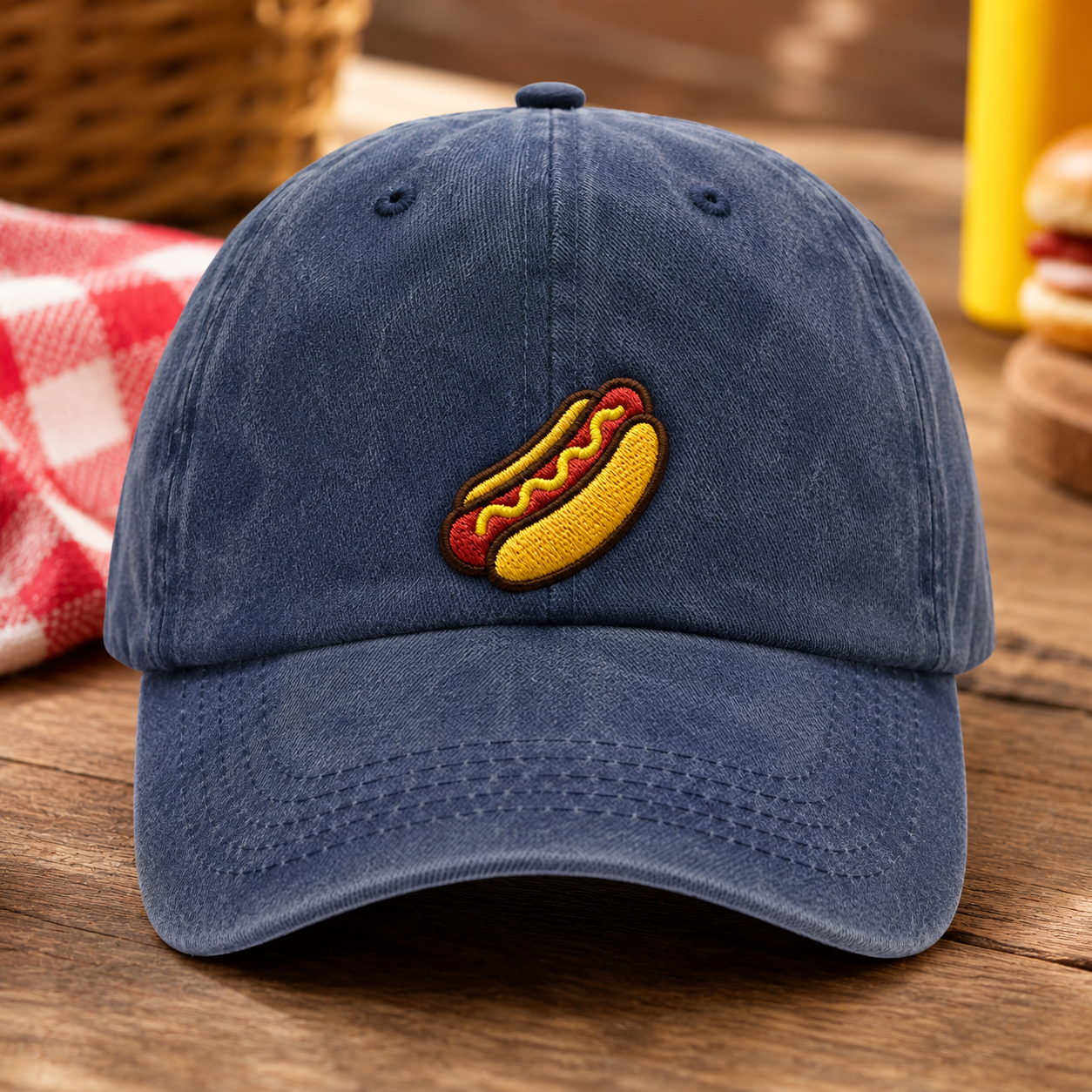 Hot Dog Embroidered Washed Cap, Baseball Hat for Cookout Fans - Washed Cap - front view