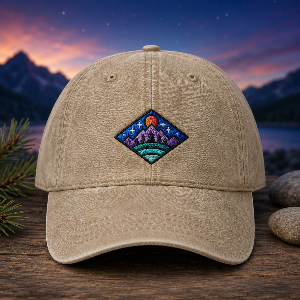 Mountain Sunset Embroidered Washed Cap, Outdoor Adventure Baseball Hat - Washed Cap - front view
