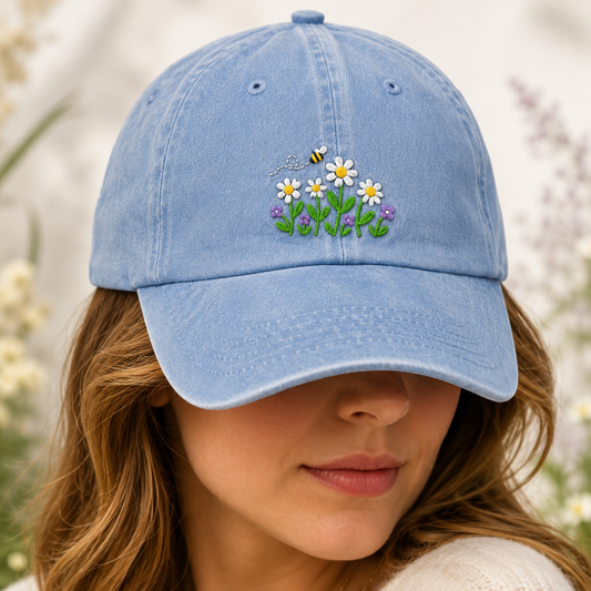 Daisy Bee Embroidered Washed Cap, Botanical Baseball Hat for Garden Lovers - Washed Cap - lifestyle view 3
