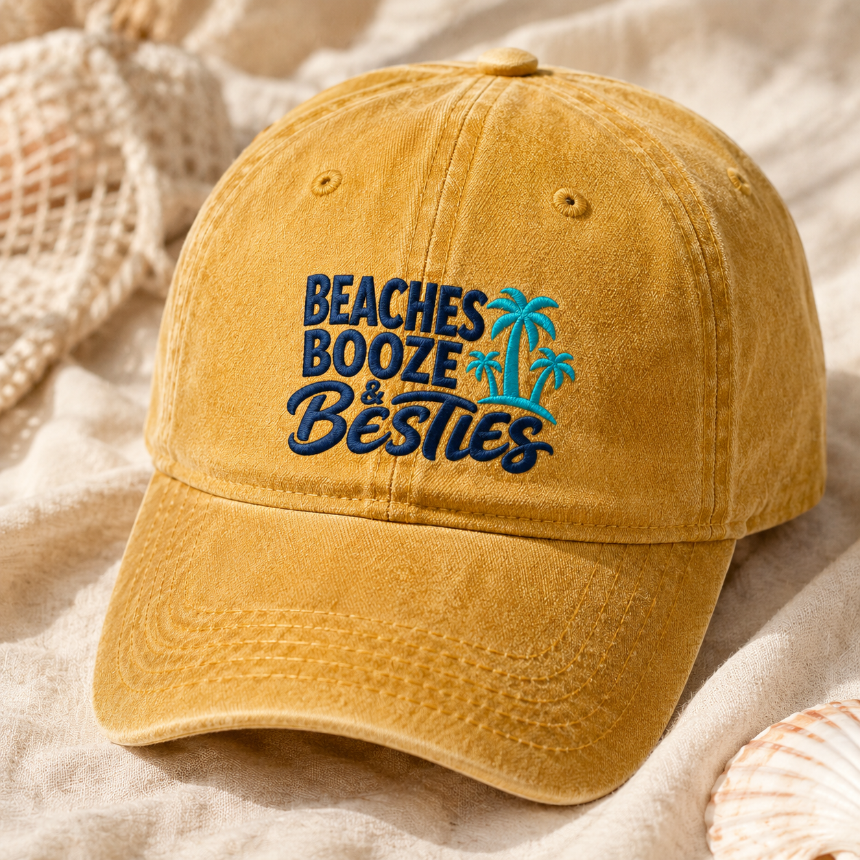 Beaches Booze & Besties Washed Cap, Tropical Palm Tree Vacation Hat - Washed Cap - lifestyle view 2