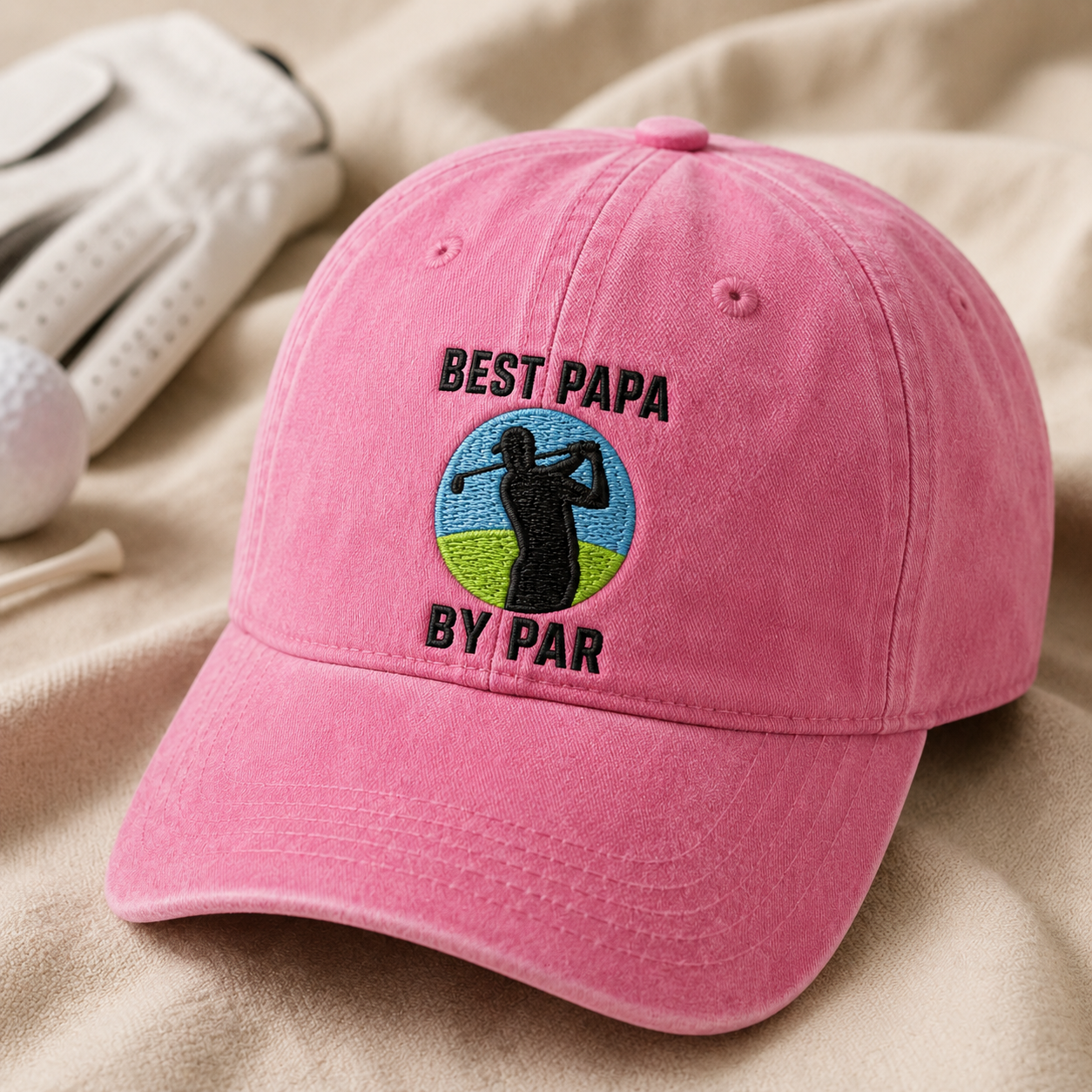 Golf Papa Washed Cap, Fathers Day Golfer Hat with Best Papa By Par Embroidery - Washed Cap - lifestyle view 2