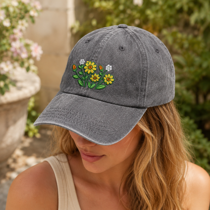 Daisy Wildflower Embroidered Washed Cap, Botanical Garden Gift - washed cap - lifestyle view 6