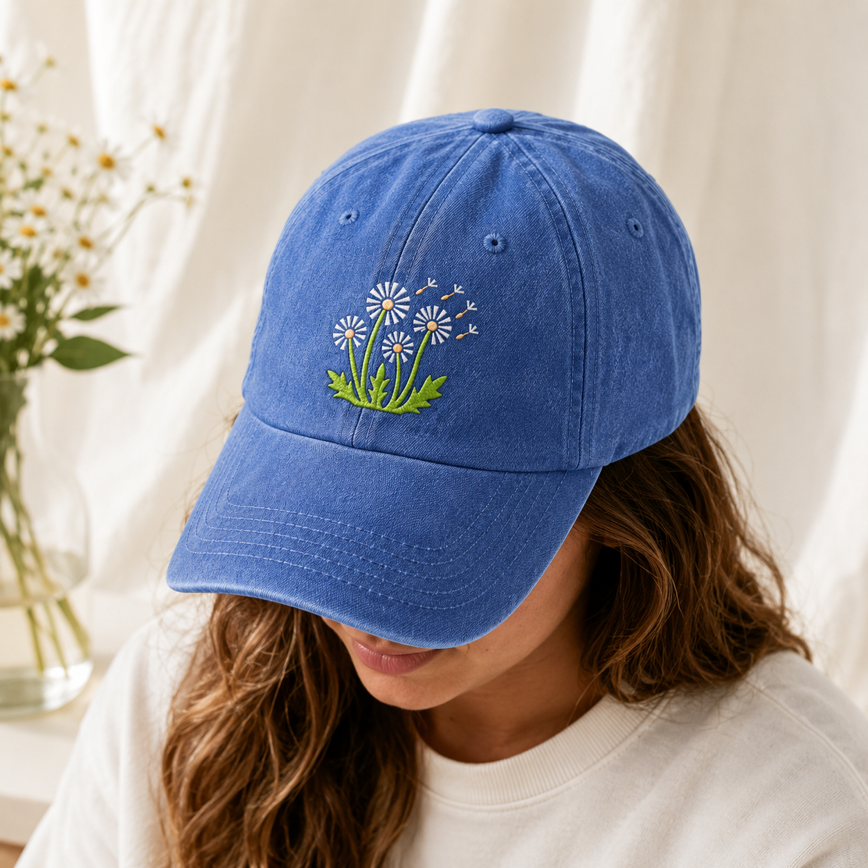 Dandelion Embroidered Washed Cap, Floral Daisy Baseball Hat for Garden Lovers - washed cap - detail view