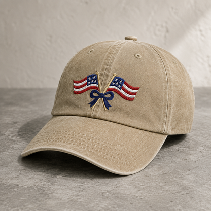 Patriotic Crossed Flags Washed Cap, USA Bow Embroidered Hat for Independence Day - washed cap - lifestyle view 2