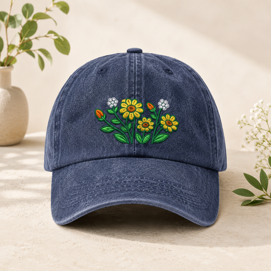Daisy Wildflower Embroidered Washed Cap, Botanical Garden Gift - washed cap - front view