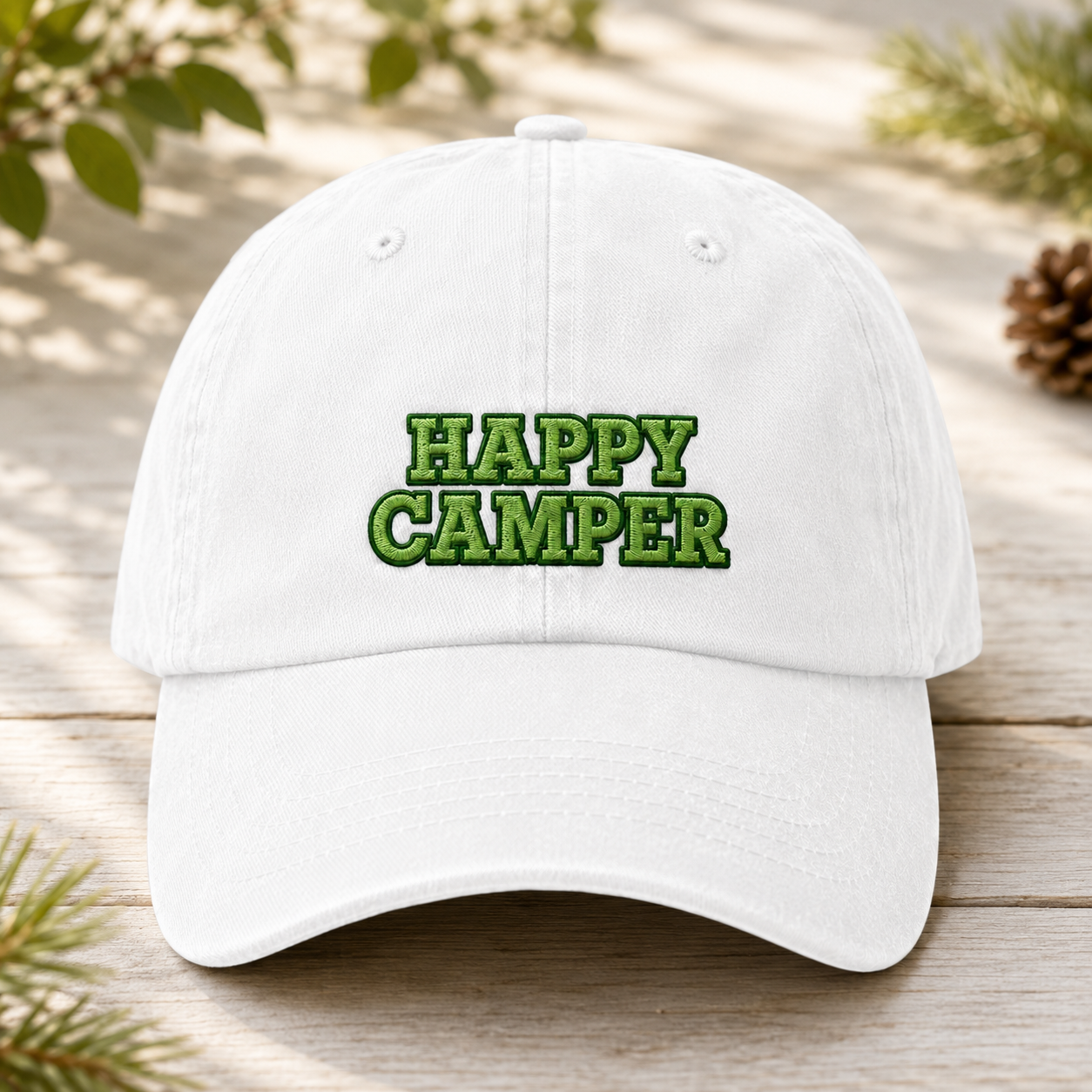 Happy Camper Washed Cap, Green Embroidered Camping Hat for Outdoor Lovers - Washed Cap - lifestyle view 5