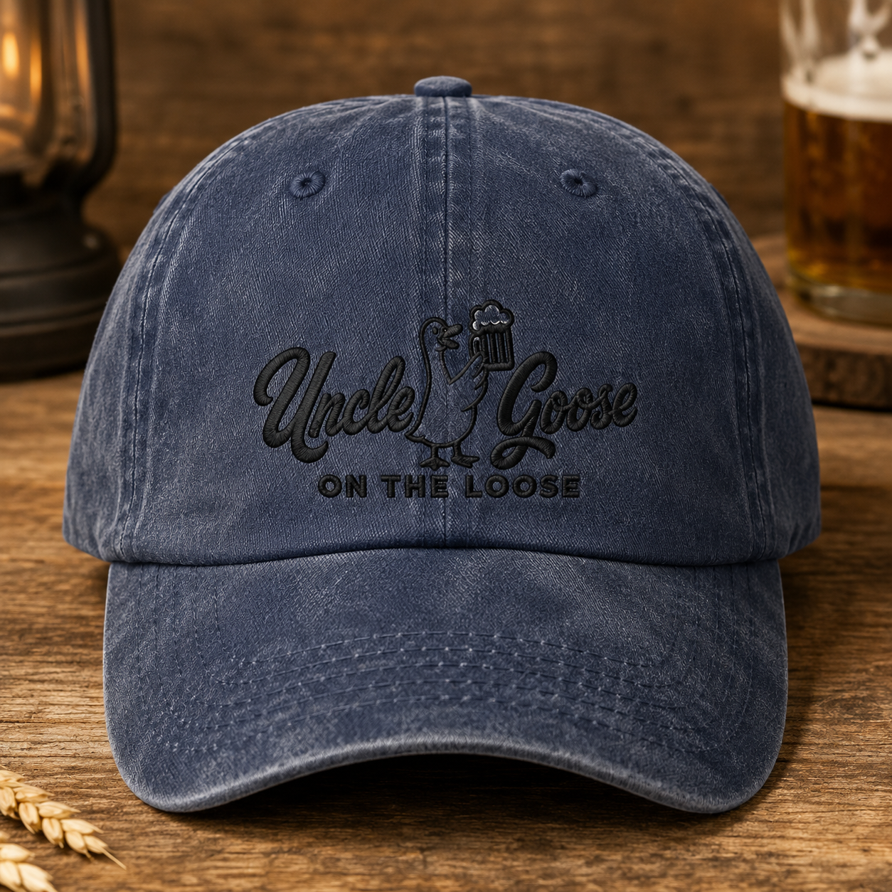 Uncle Goose On The Loose Washed Cap, Funny Beer Drinking Goose Hat - Washed Cap - front view