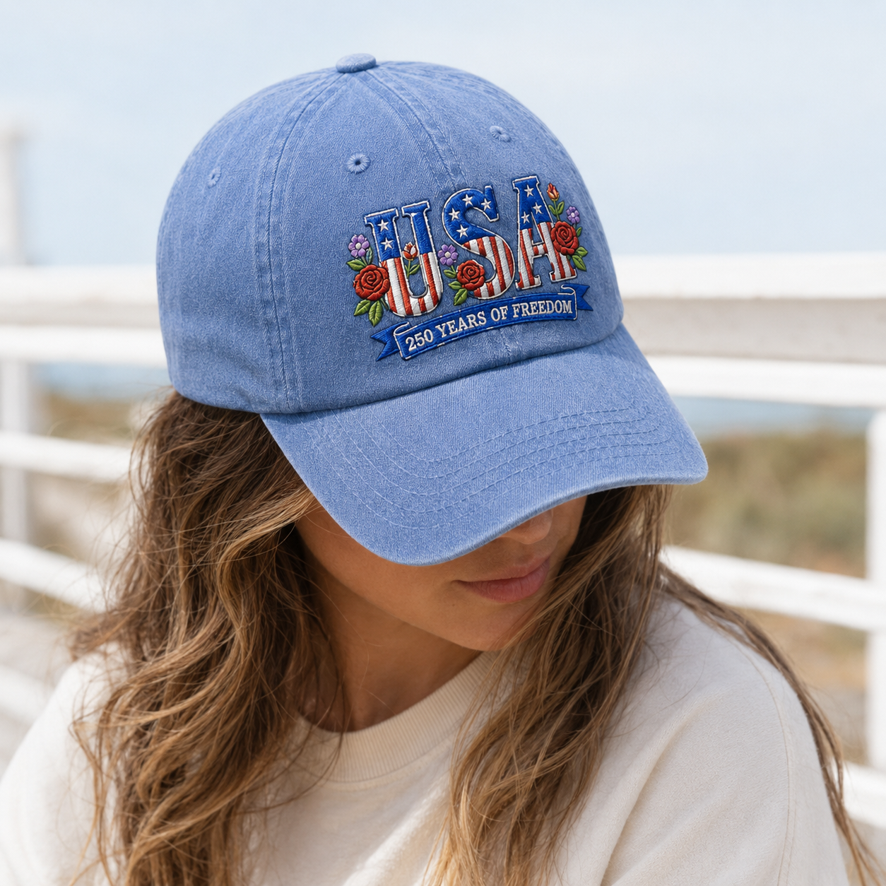 USA 250 Years of Freedom Washed Cap, Patriotic Embroidered Hat - washed cap - lifestyle view 9
