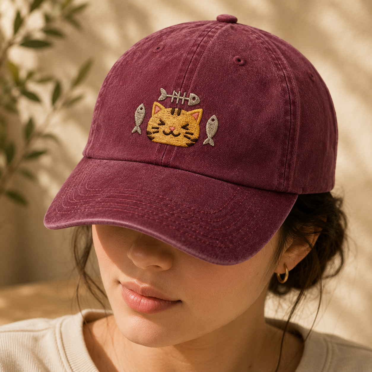 Cat and Fish Embroidered Washed Cap, Kawaii Kitten Hat Gift for Cat Lovers - Washed Cap - lifestyle view 3