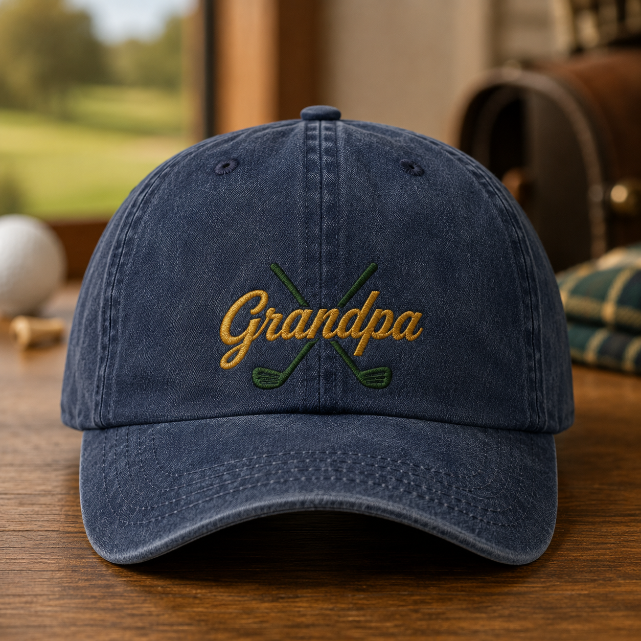 Grandpa Golf Embroidered Washed Cap, Crossed Clubs Hat for Grandfather Gift - Washed Cap - front view