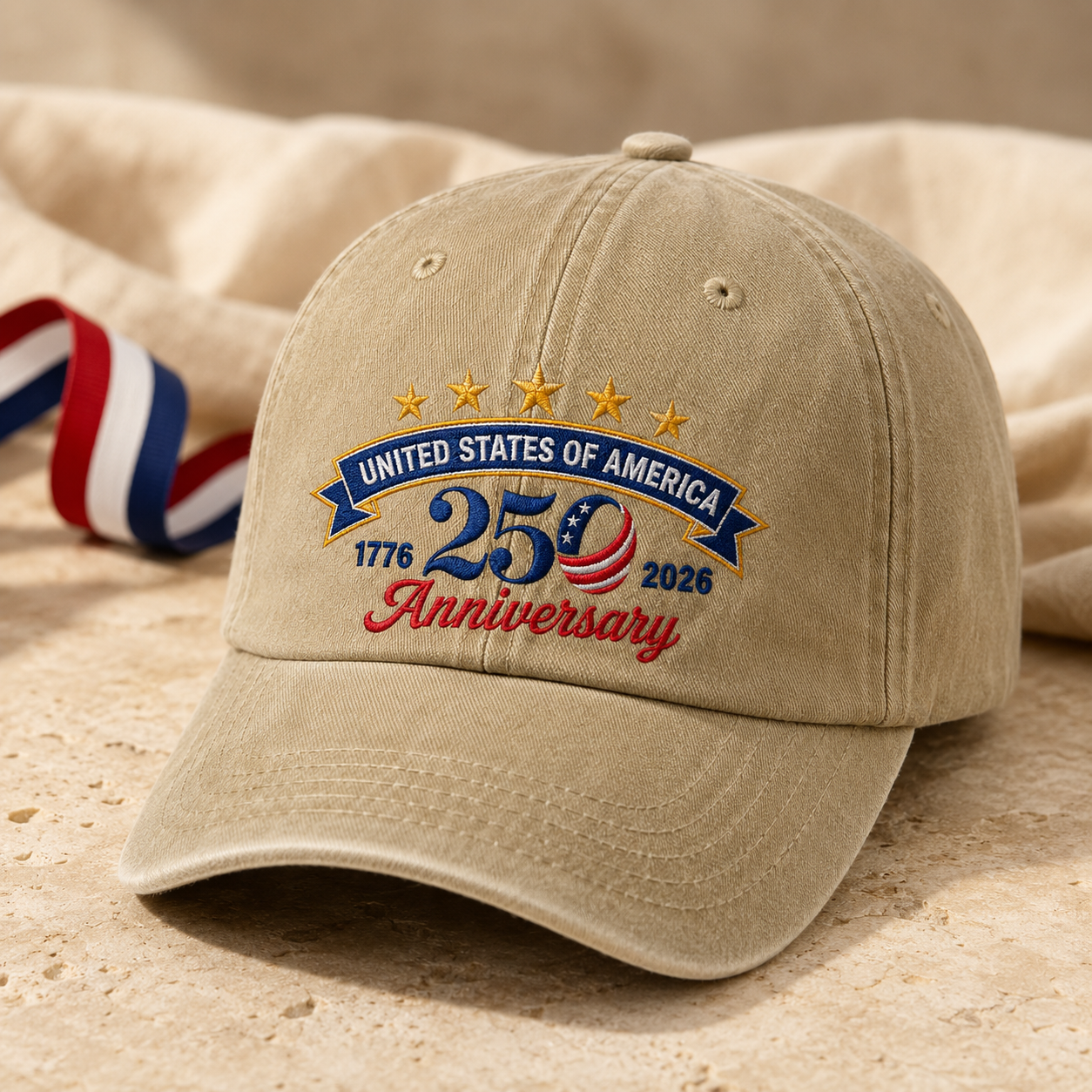 United States of America 250 Anniversary Washed Cap, 1776 2026 Patriotic Baseball Hat - washed cap - lifestyle view 3