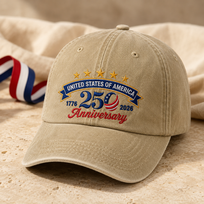 United States of America 250 Anniversary Washed Cap, 1776 2026 Patriotic Baseball Hat - washed cap - lifestyle view 3