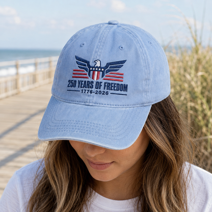 250 Years of Freedom Hat, Patriotic Eagle Washed Cap, 1776-2026 America Gift - washed cap - lifestyle view 8