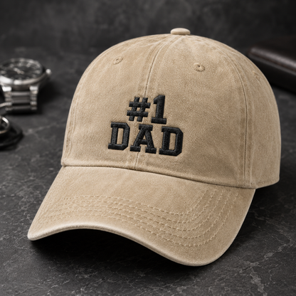 #1 Dad Embroidered Washed Cap, Father's Day Baseball Hat - Washed Cap - detail view