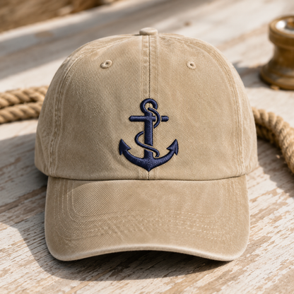 Nautical Anchor Washed Cap, Embroidered Sailor Hat for Boaters and Beach Days - Washed Cap - front view