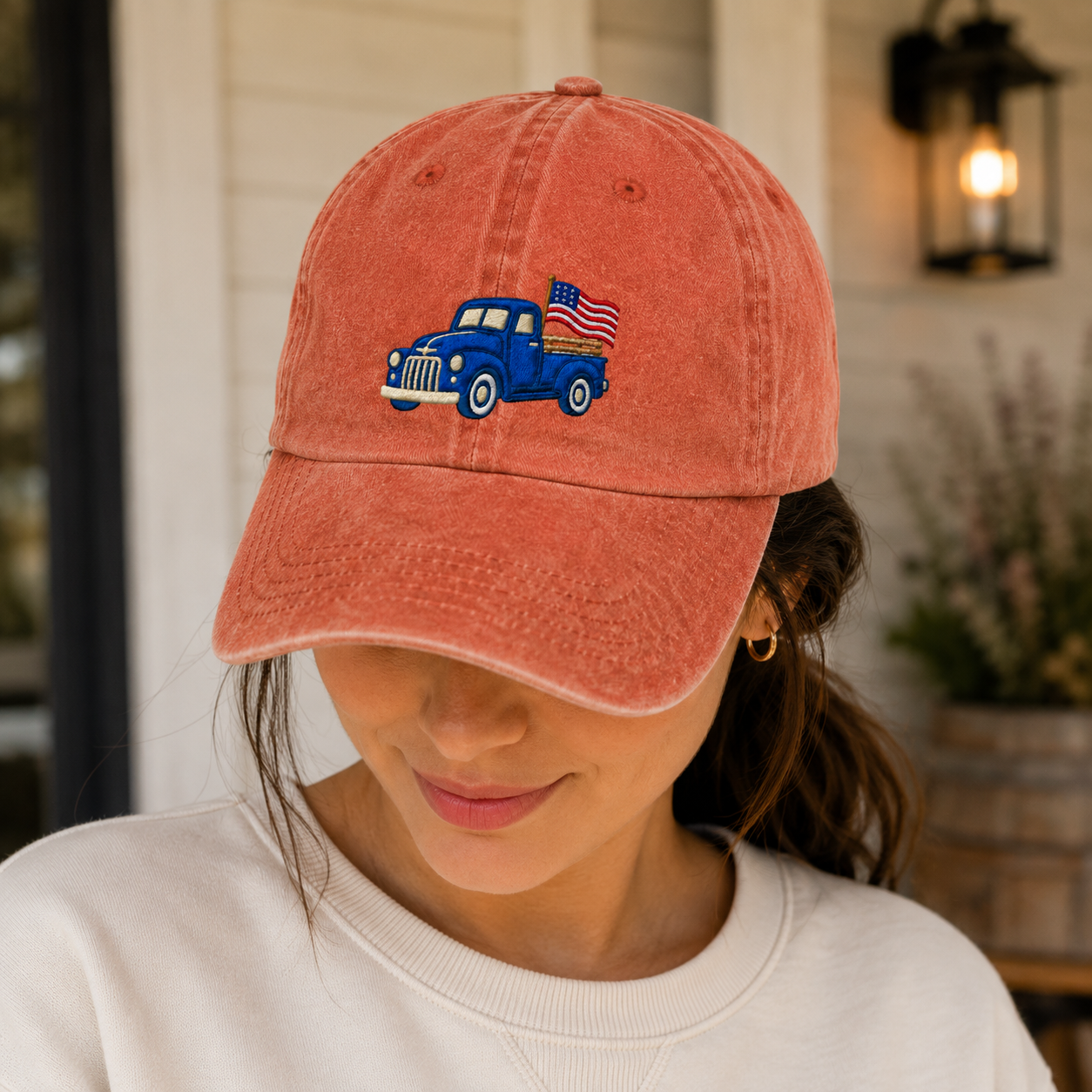 Blue Pickup Truck American Flag Washed Cap, Rustic July Fourth Dad Gift - washed cap - lifestyle view 8