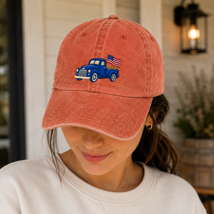 Blue Pickup Truck American Flag Washed Cap, Rustic July Fourth Dad Gift - washed cap - lifestyle view 8