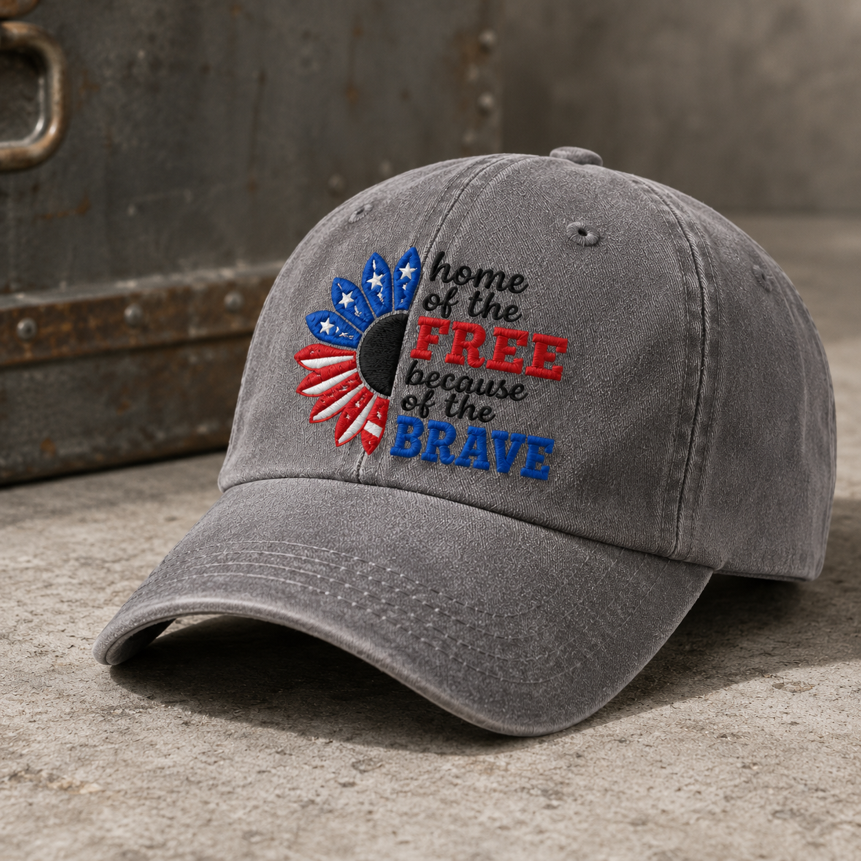 Home of the Free Because of the Brave Washed Cap, Patriotic Sunflower Military Gift - washed cap - lifestyle view 4