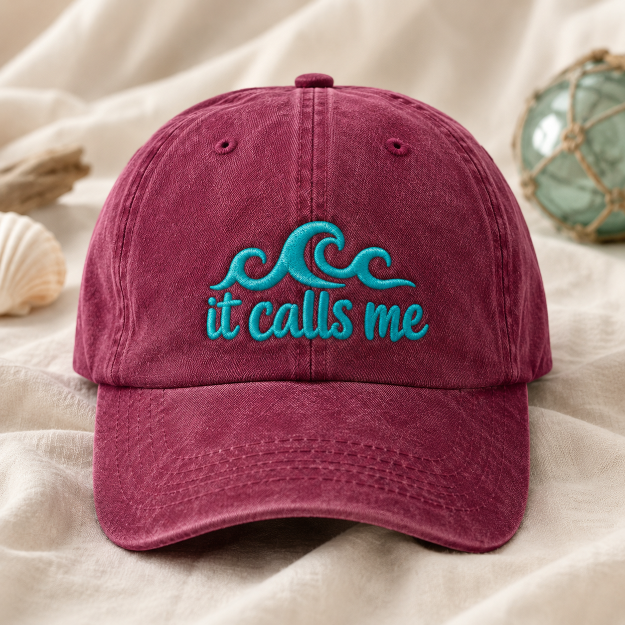 it calls me Wave Washed Cap, Coastal Vacation Embroidered Hat - Washed Cap - lifestyle view 2
