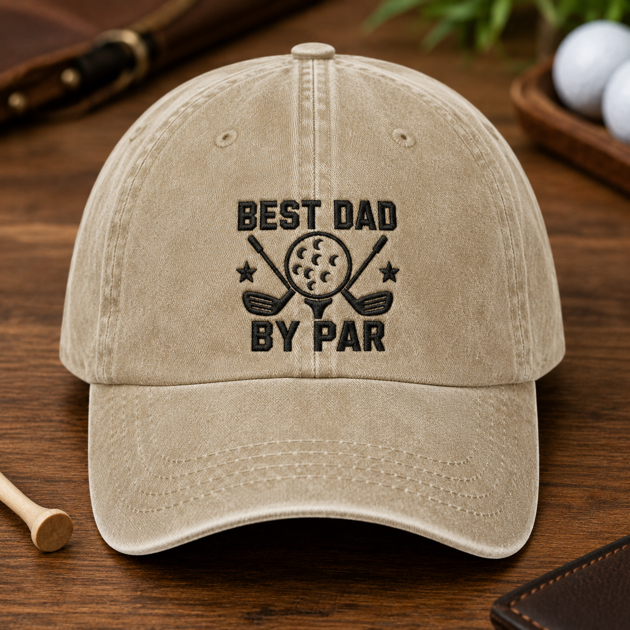Best Dad By Par Washed Cap, Funny Golf Father Hat Gift - Washed Cap - front view