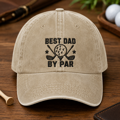 Best Dad By Par Washed Cap, Funny Golf Father Hat Gift - Washed Cap - front view