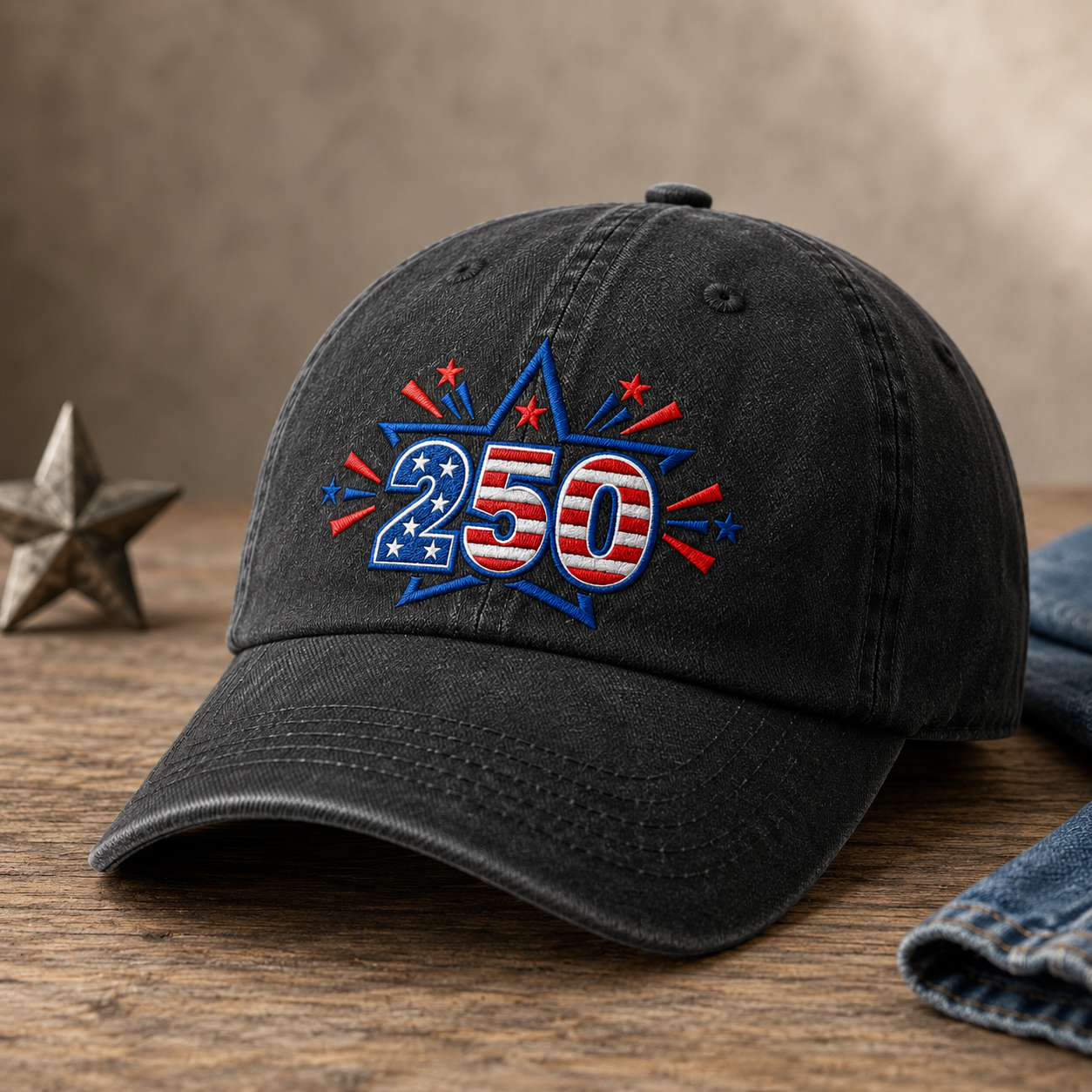 250 Patriotic Washed Cap, Red White Blue Stars USA 250th Birthday Hat - washed cap - lifestyle view 2