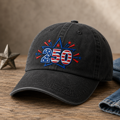 250 Patriotic Washed Cap, Red White Blue Stars USA 250th Birthday Hat - washed cap - lifestyle view 2