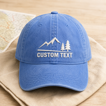Custom Text Mountain Washed Cap, Personalized Hiking Hat for Outdoor Lovers - Washed Cap - lifestyle view 5