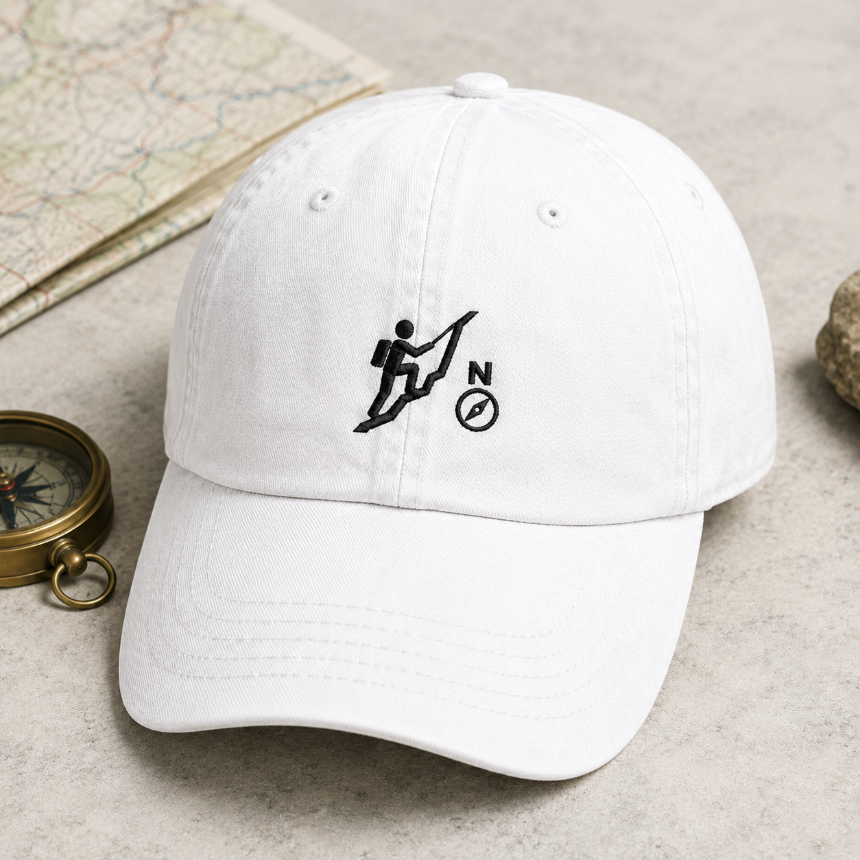 Hiking Compass Washed Cap, Embroidered Outdoor Adventure Hat for Campers - Washed Cap - detail view