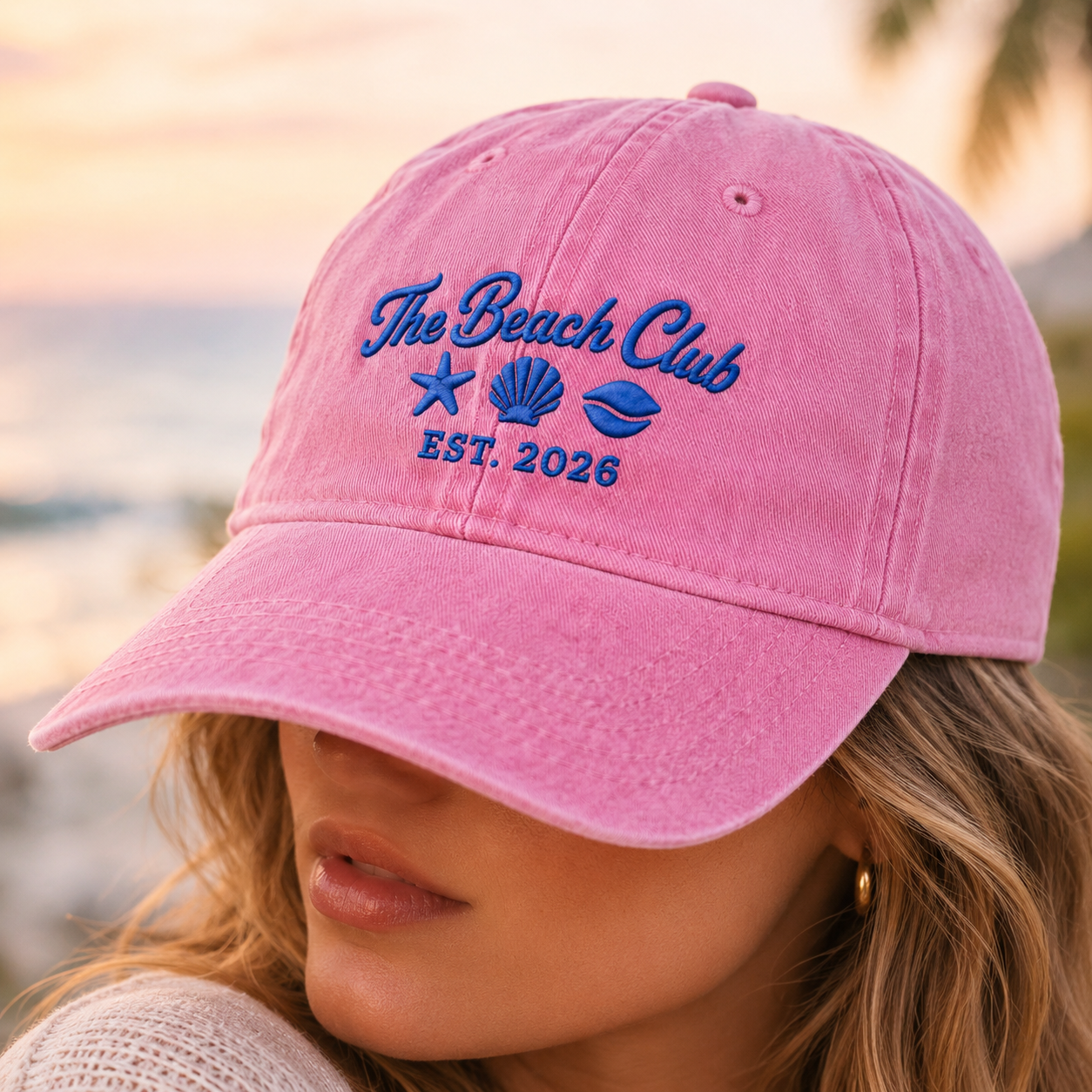 The Beach Club Washed Cap, Embroidered Coastal Hat with Est 2026 Seashell Art - Washed Cap - lifestyle view 4